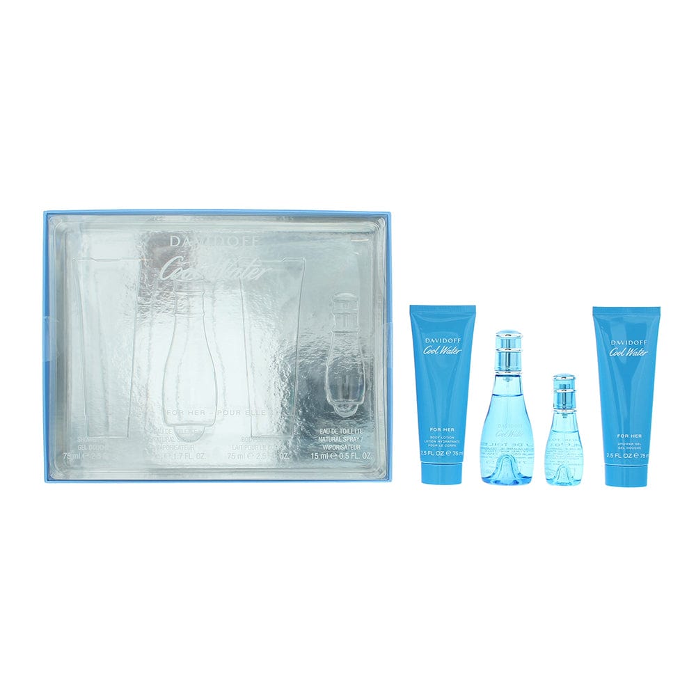 Davidoff Cool Water Woman 4 Piece Gift Set: Eau de Toilette 50ml - Eau de Toilette 15ml - Body Lotion 75ml - Shower Gel 75ml - Welzo