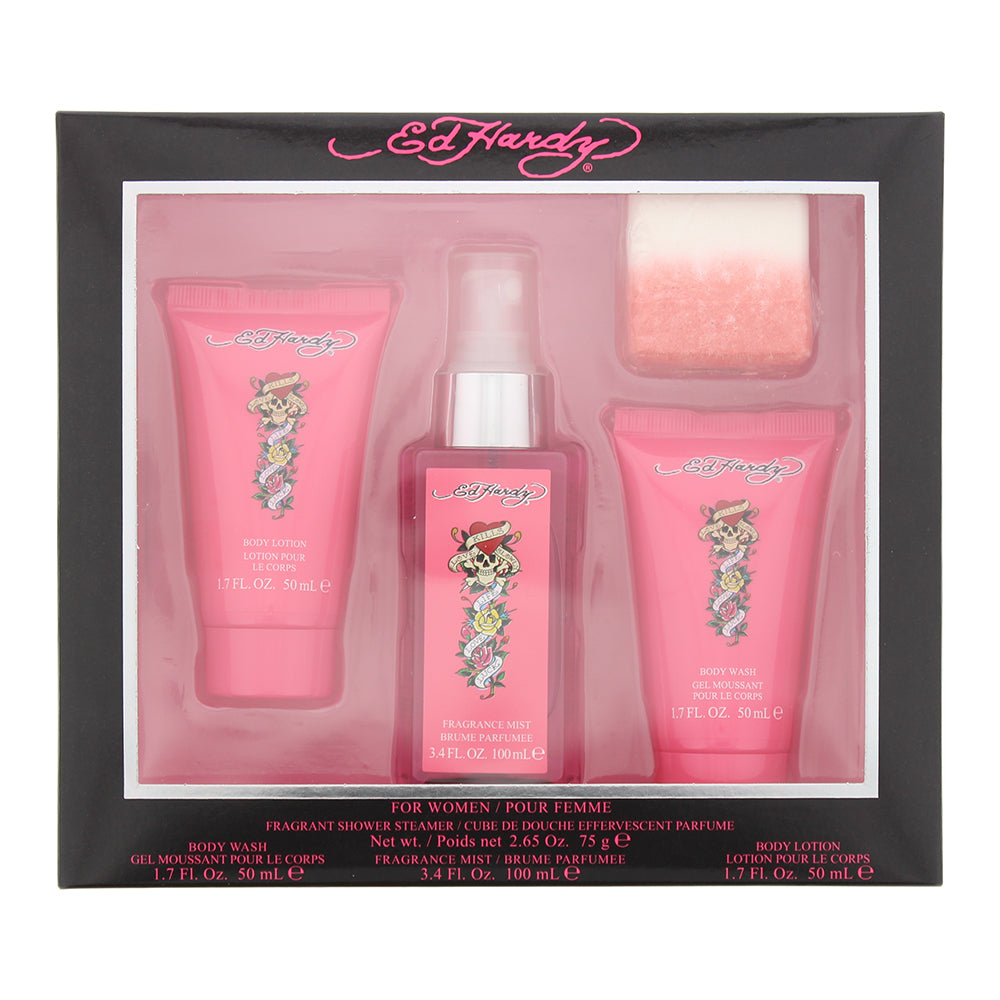 Ed Hardy 3 Piece Gift Set: Fragrance Mist 100ml - Body Wash 50ml - Body Lotion 50ml Fragrant Shower Steamer/Cube 75g - Welzo