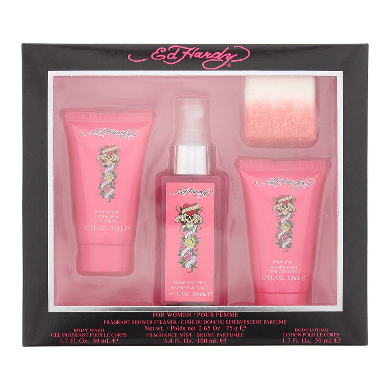 Ed Hardy 3 Piece Gift Set: Fragrance Mist 100ml - Body Wash 50ml - Body Lotion 50ml Fragrant Shower Steamer/Cube 75g - Welzo