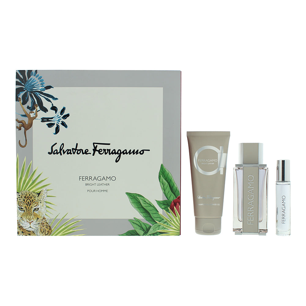 Salvatore Ferragamo Bright Leather 3 Piece Gift Set: Eau de Toilette 100ml - Shower Gel & Shampoo 100ml - Eau de Toilette 10ml - Welzo