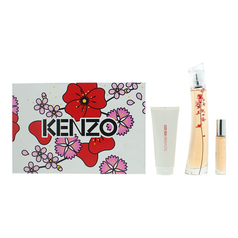 Kenzo Flower Ikebana Sakura Eau de Parfum 3 Piece Gift Set: Eau de Parfum 75ml - Eau de Parfum 10ml - Body Milk 75ml - Welzo