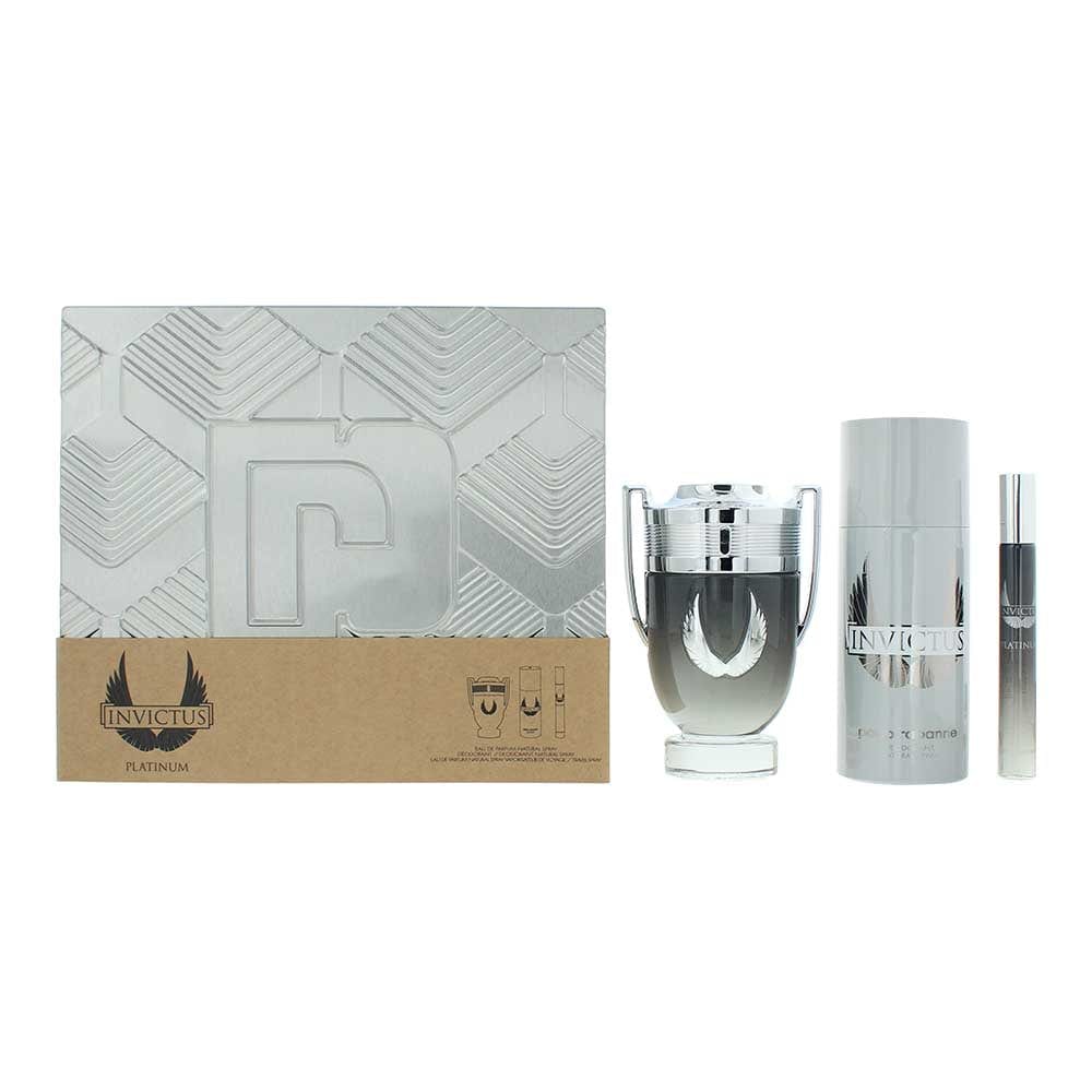 Paco Rabanne Invictus Platinum 3 Piece Gift Set: Eau de Parfum 100ml - Eau de Parfum 10ml - Deodorant Spray 150ml - Welzo