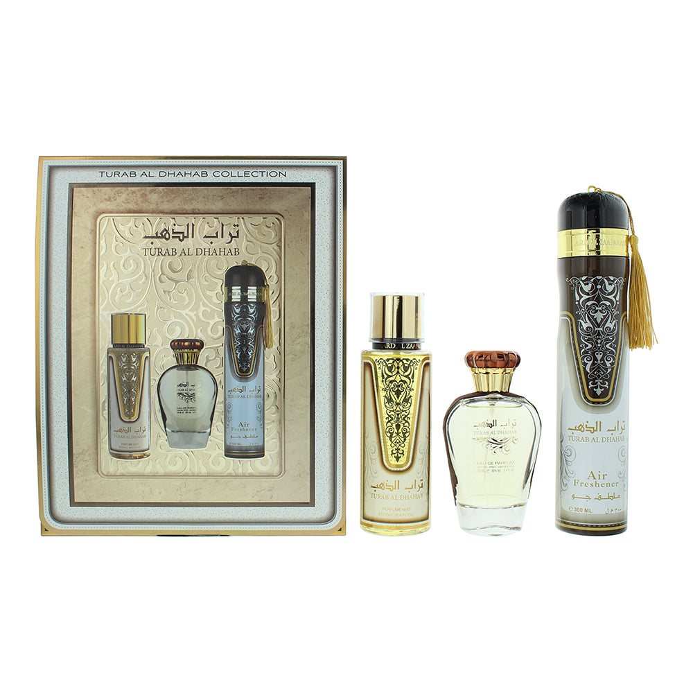 Ard Al Zaafaran Turab Al Dhahab 3 Piece Gift Set: Eau de Parfum 100ml - Perfume Mist 250ml - Air Freshner 300ml - Welzo