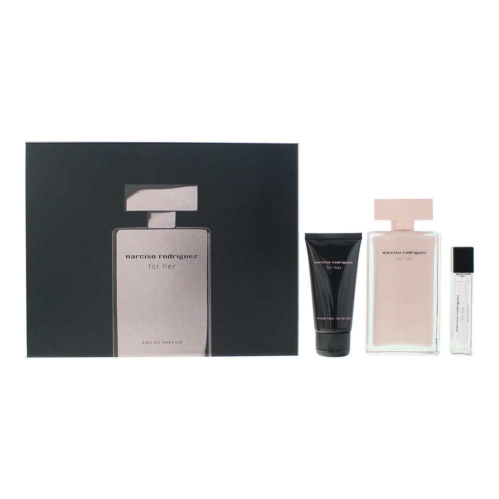 Narciso Rodriguez For Her 3 Piece Gift Set: Eau De Parfum 100ml - Body Lotion 50ml - Eau de Parfum 10ml - Welzo