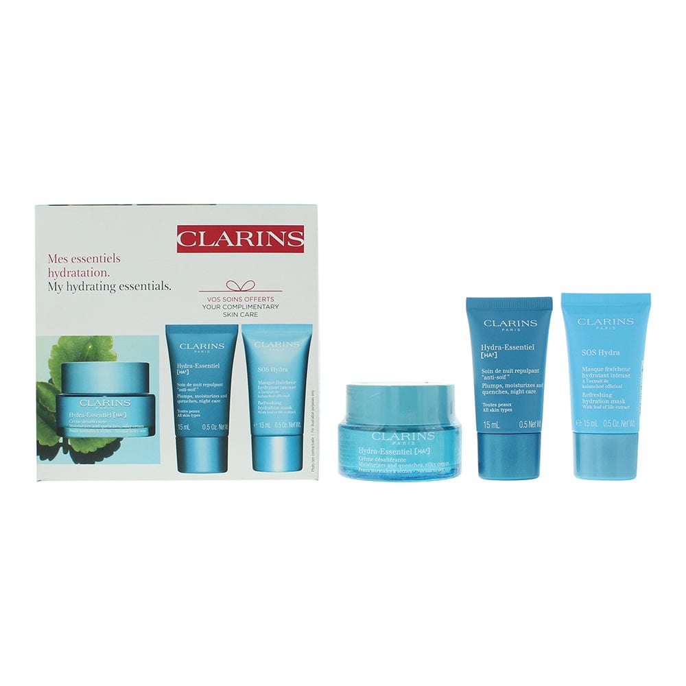 Clarins Hydra-Essentiel 3 Piece Gift Set: Day Cream 50ml - Scrub 15ml - Hydra Mask 15ml - Welzo