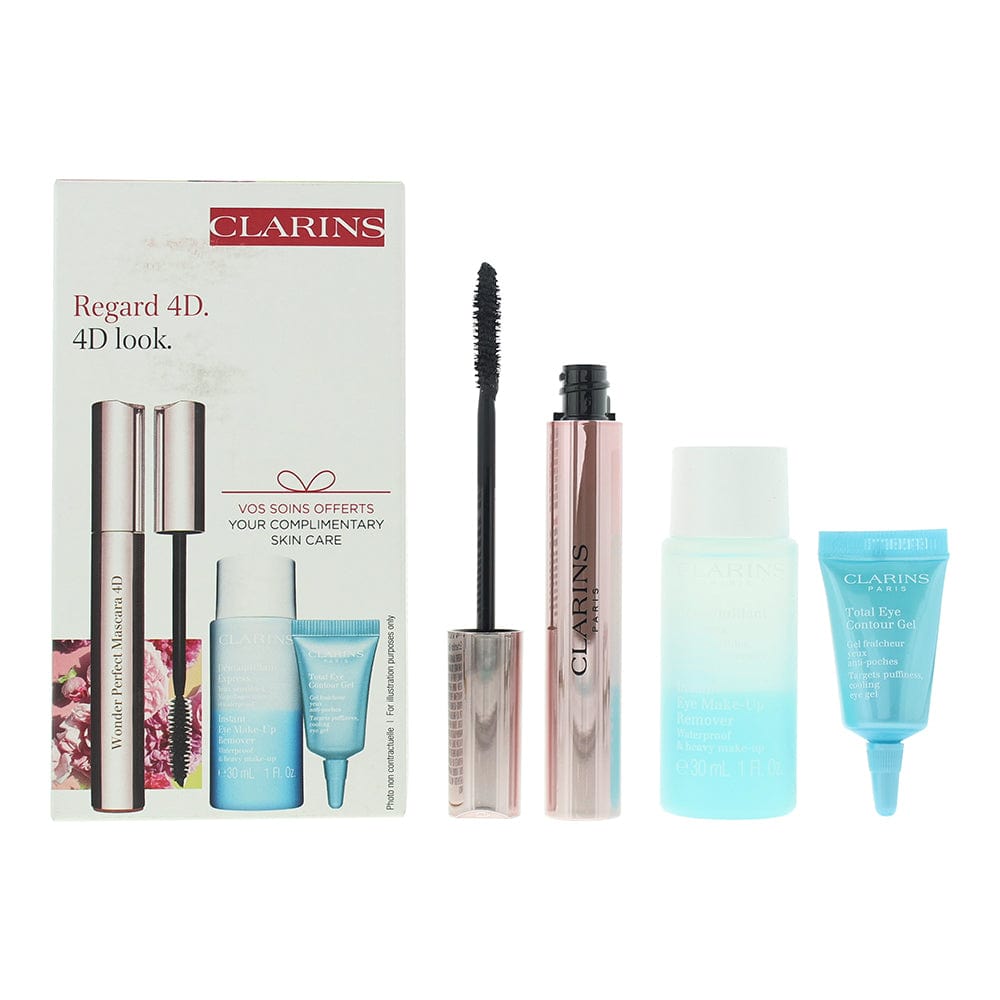 Clarins Wonder Perfect 3 Piece Gift Set: Mascara 4D 8ml - Make-Up Remover 30ml - Eye Gel 3ml - Welzo