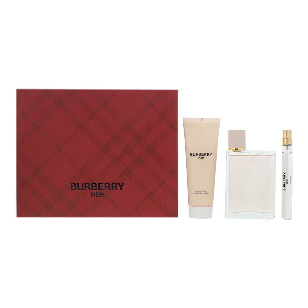 Burberry Her 3 Piece Gift Set: Eau de Parfum 100ml - Body Lotion 75ml - Eau de Parfum 10ml - Welzo
