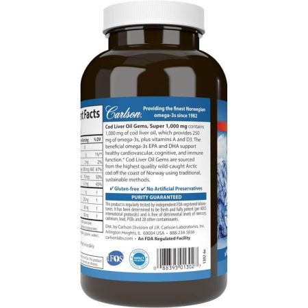 Carlson Labs Cod Cod Coud Oil Oil Gems Super 1.000mg 250 Softgels