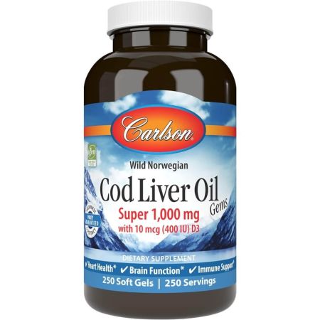 Carlson Labs Cod Liver Oil Gems Super 1,000mg 250 Softgels