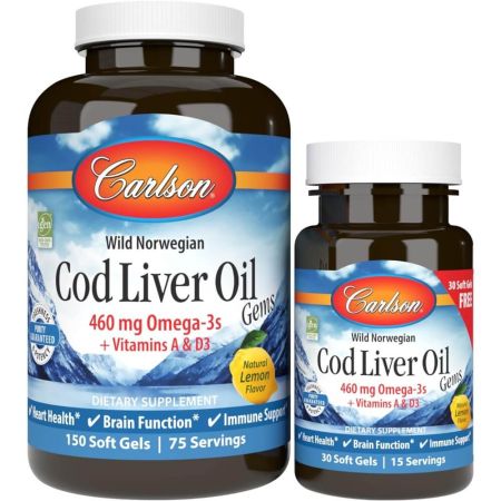 Carlson Labs Cod Liver Oil Gems 460 mg 150 softgels plus 30 softgels gratis