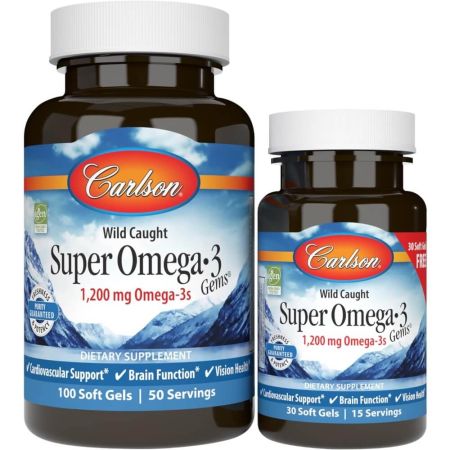 „Carlson Labs Super Omega3 Gems“ 1,200 mg 100 minkštųjų pluoštų plius 30 minkštųjų duobių nemokami