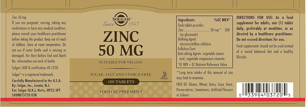 Zinc, 50 mg, 100 tabletas - Solgar