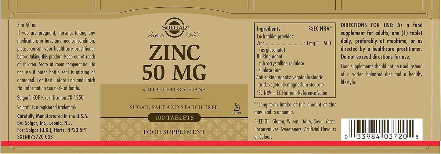 Zinc, 50 mg, 100 Tablets - Solgar