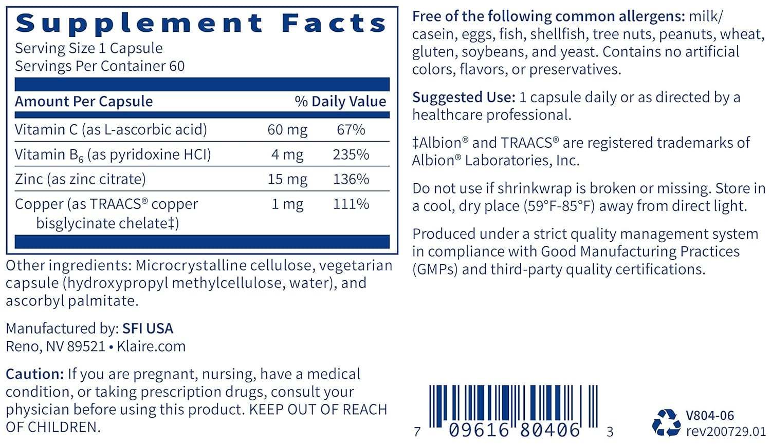 Zink Plus, 60 kapsler - Klaire Labs (SFI Health)