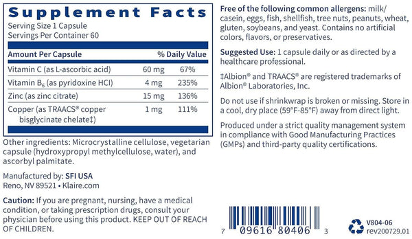 Zinc Plus, 60 κάψουλες - Klaire Labs (SFI Health)