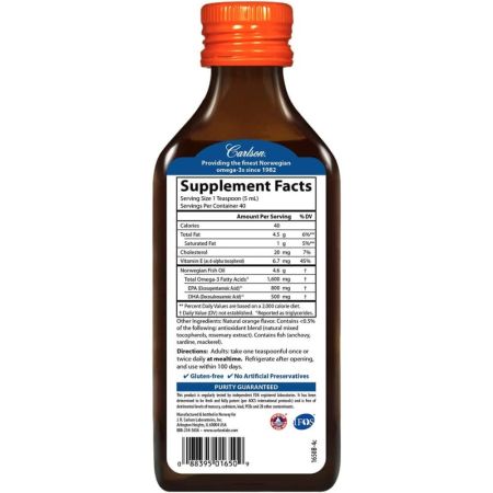 Carlson Labs o melhor óleo de peixe de 1.600 mg de sabor laranja de 6,7 onças (200 ml)