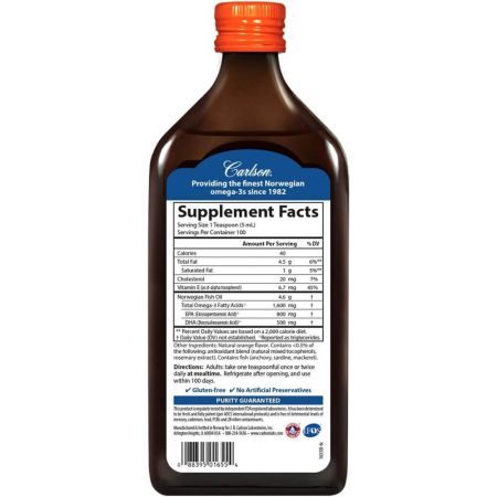 Carlson Labs Il sapore arancione da 1,600 mg (500 ml) di olio di pesce molto raffinato