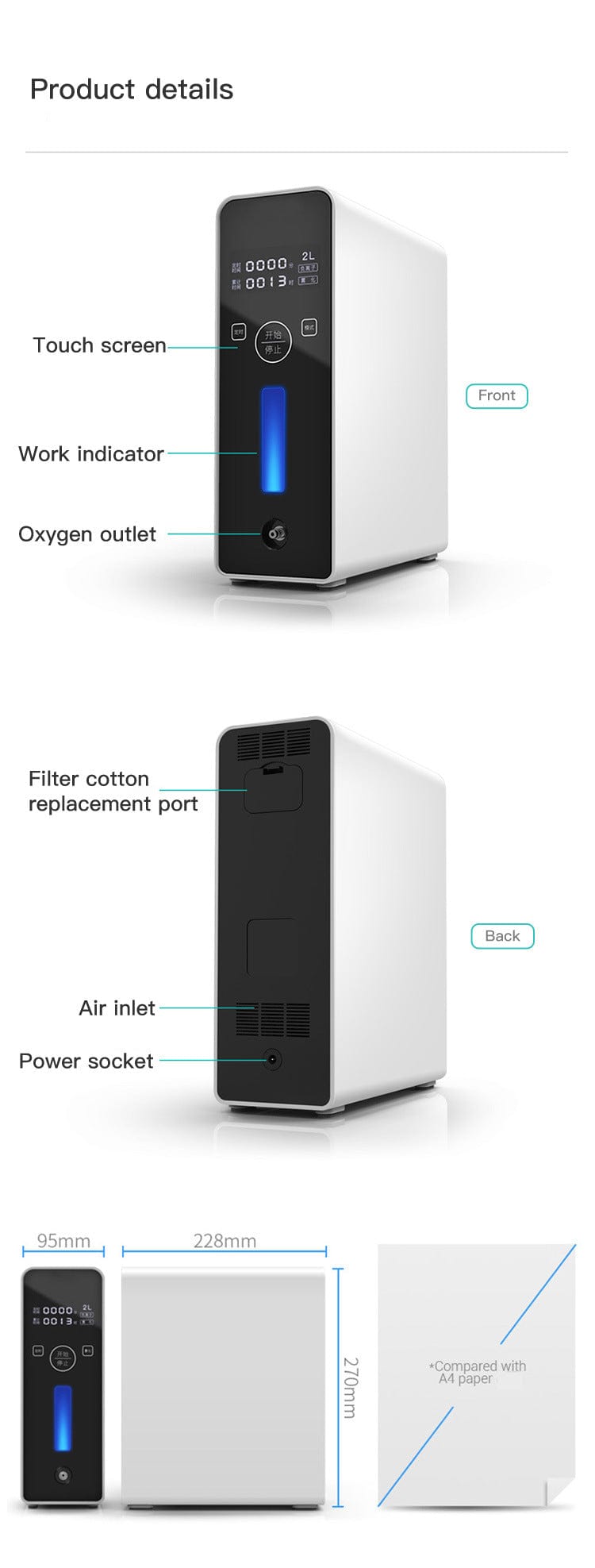 Medium Portable Oxygen Filtration Machine Concentrator High Concentration for Home Use and Travel 2kg