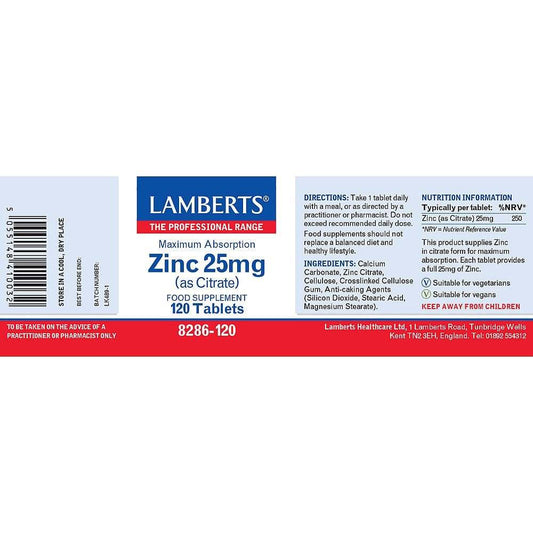 Zinc 25mg (as Citrate), 120 tabs Lamberts Welzo