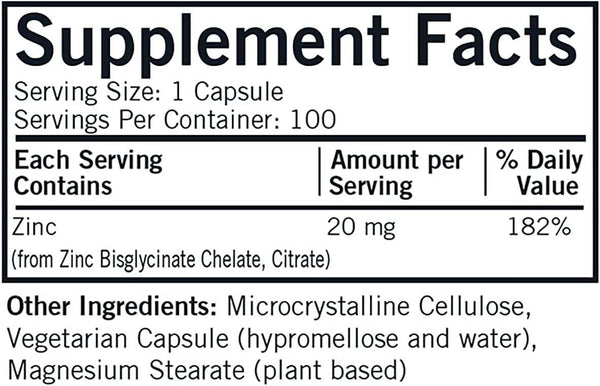 Zinco 20mg, hipoalergênico - 100 cápsulas - Kirkman Laboratories