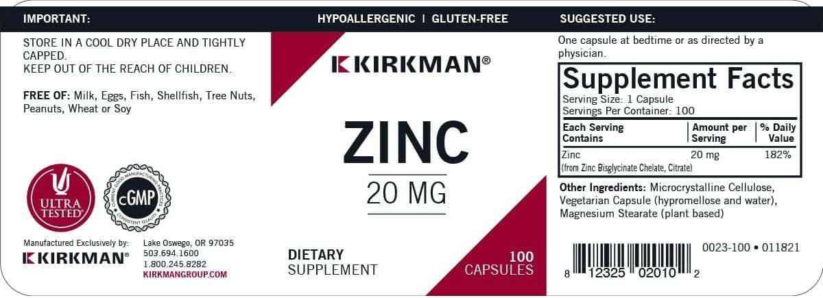 Zinc 20mg, Hypoallergenic - 100 Capsules - Kirkman Laboratories