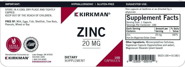 Zinco 20mg, hipoalergênico - 100 cápsulas - Kirkman Laboratories