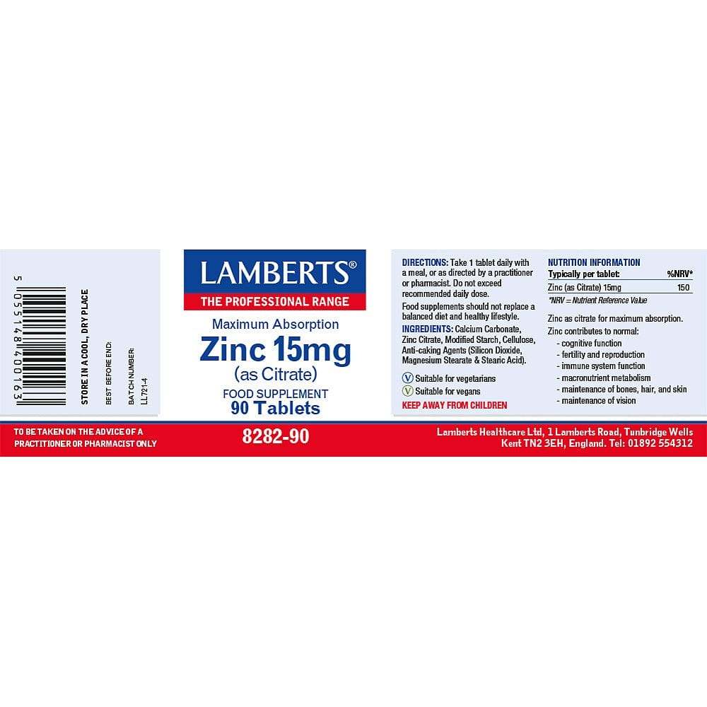 Zinc 15mg- (as Citrate) 90 tabs - Lamberts