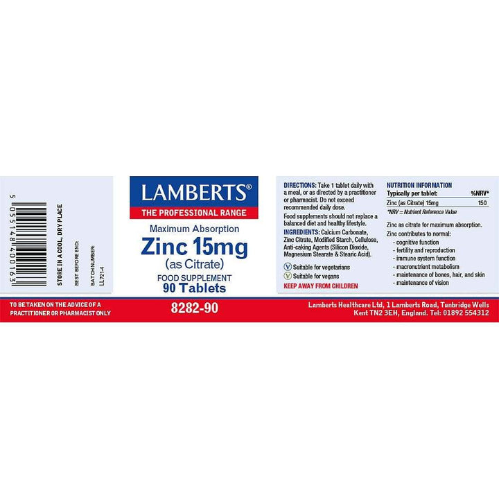 Zink 15 mg- (als citraat) 90 tabbladen - lamberts