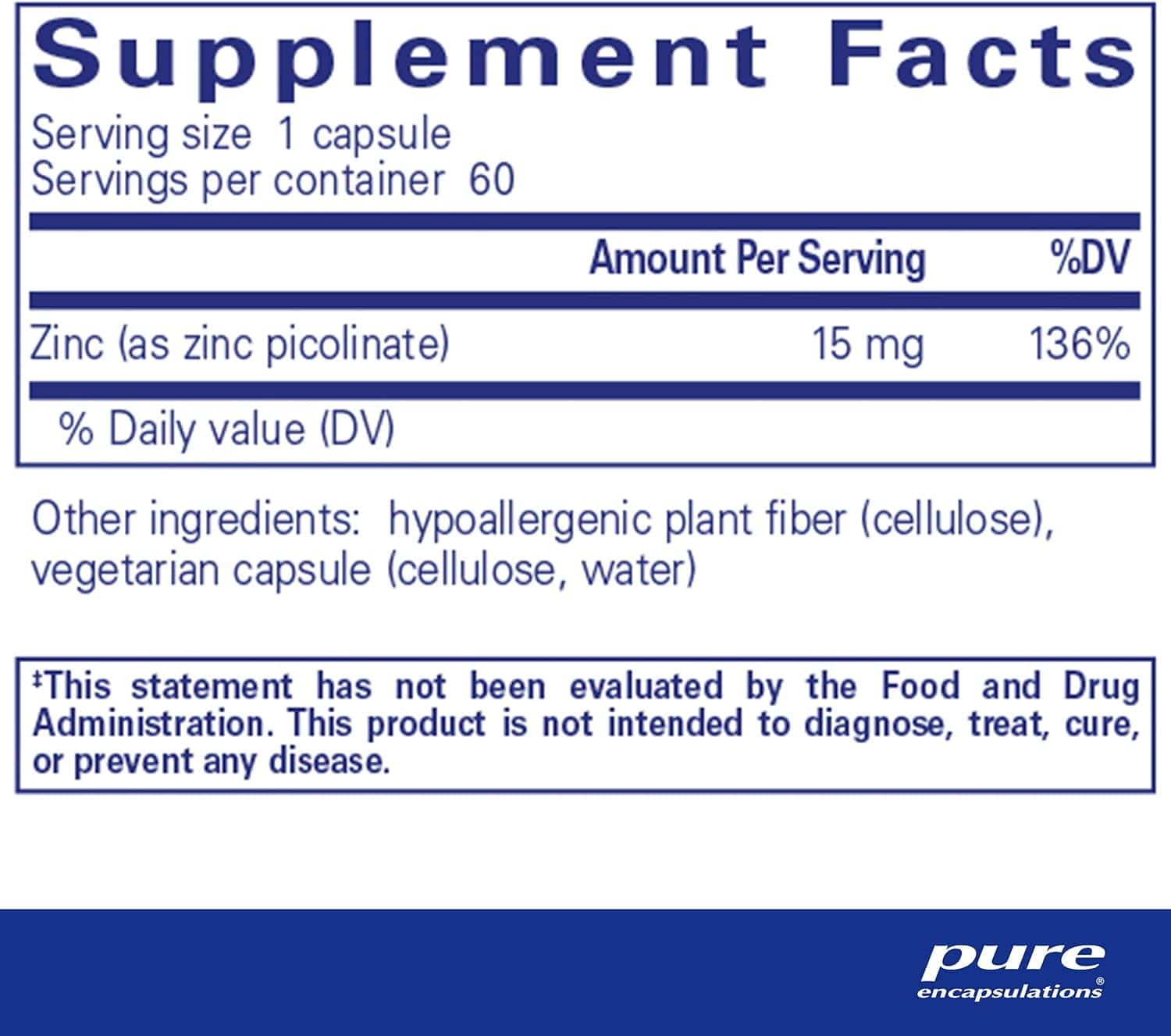 Zinc 15 (picolinate), 60 veg caps - Pure Encapsulations