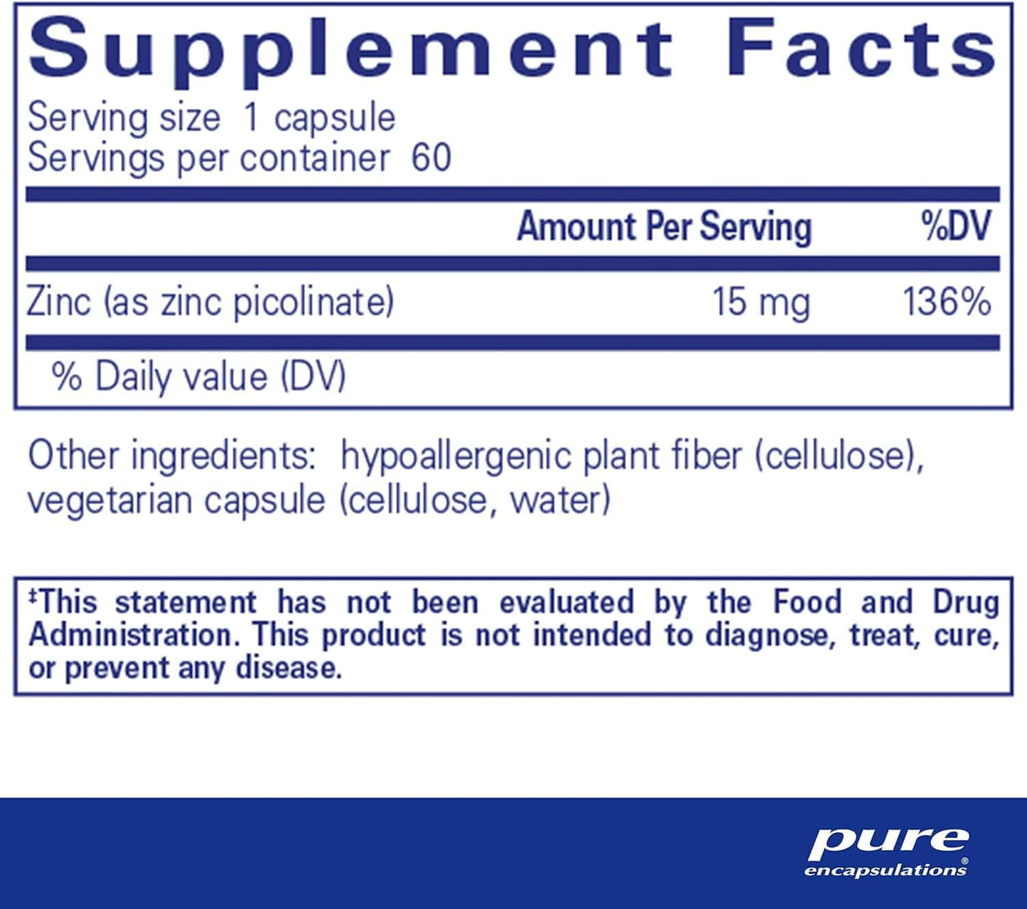 Zinc 15 (Picolinate), 60 tapas de vegetales: encapsulaciones puras