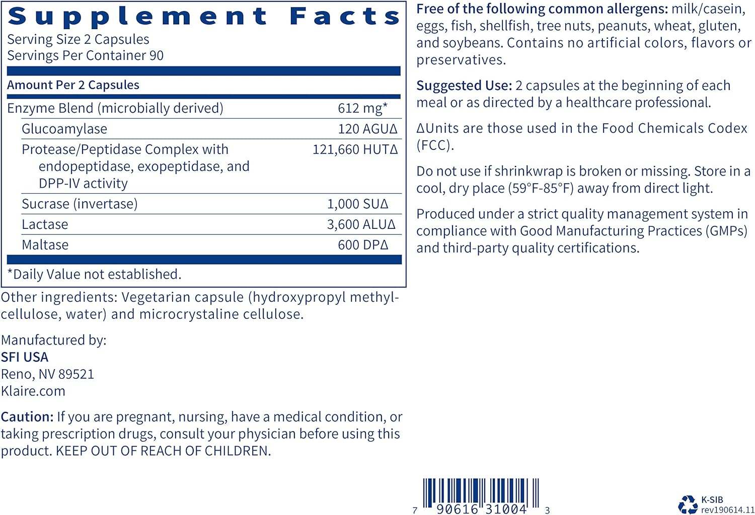 SIBB -Zymes 180 Capsule - Klaire Labs (SFI Health)