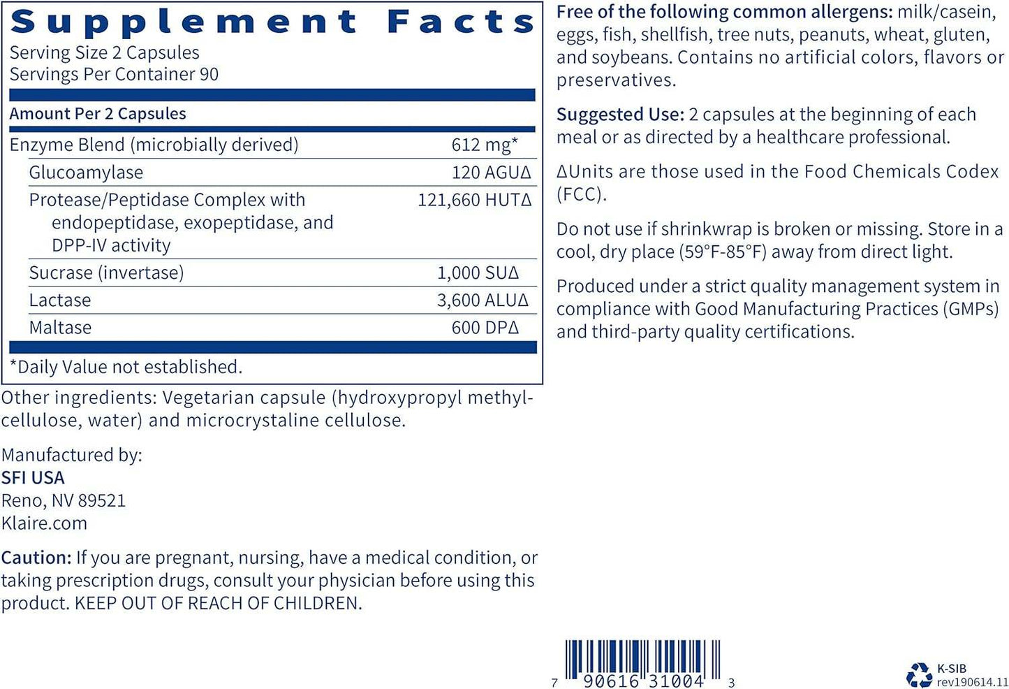 SIBB-Zymes 180 Capsules - Klaire Labs  (SFI Health)