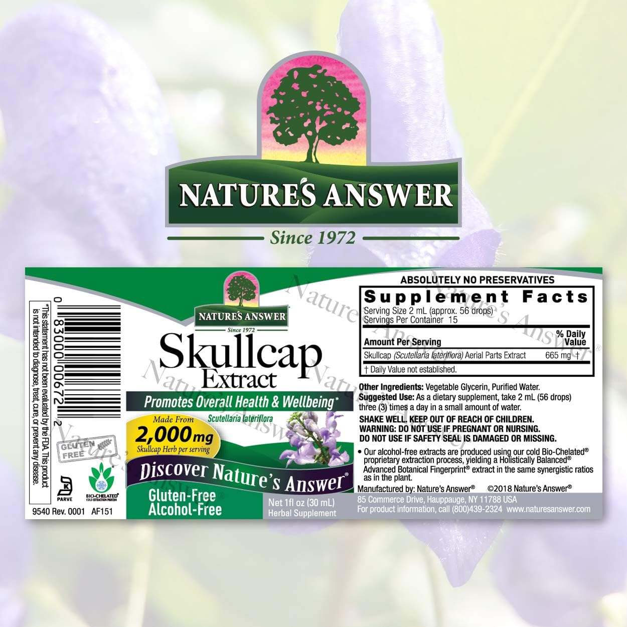 Skullcap Herb (livre de álcool) 30ml - Resposta da natureza