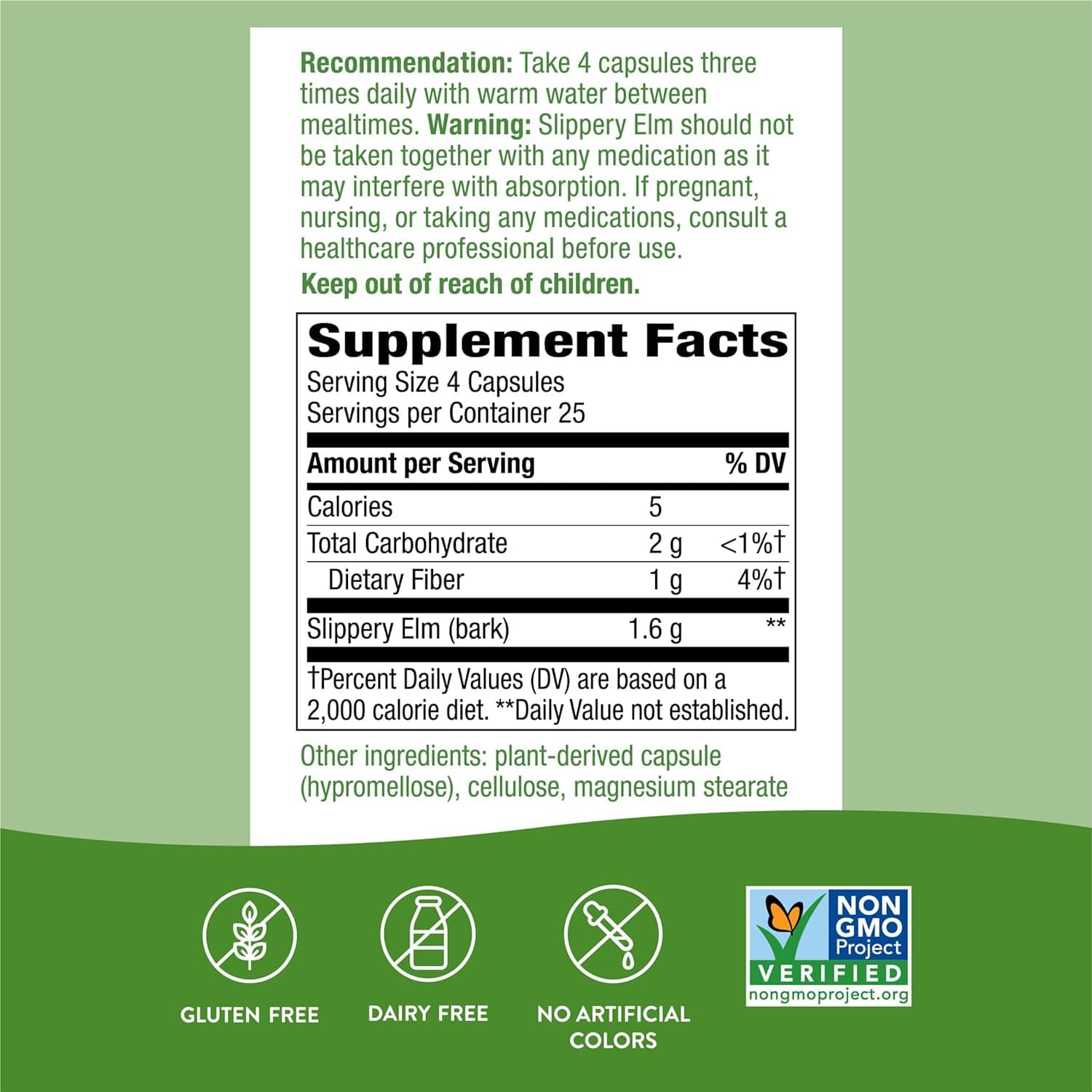 Slippery Elm Bark 1600mg, 100 cápsulas veganas - Natures Way