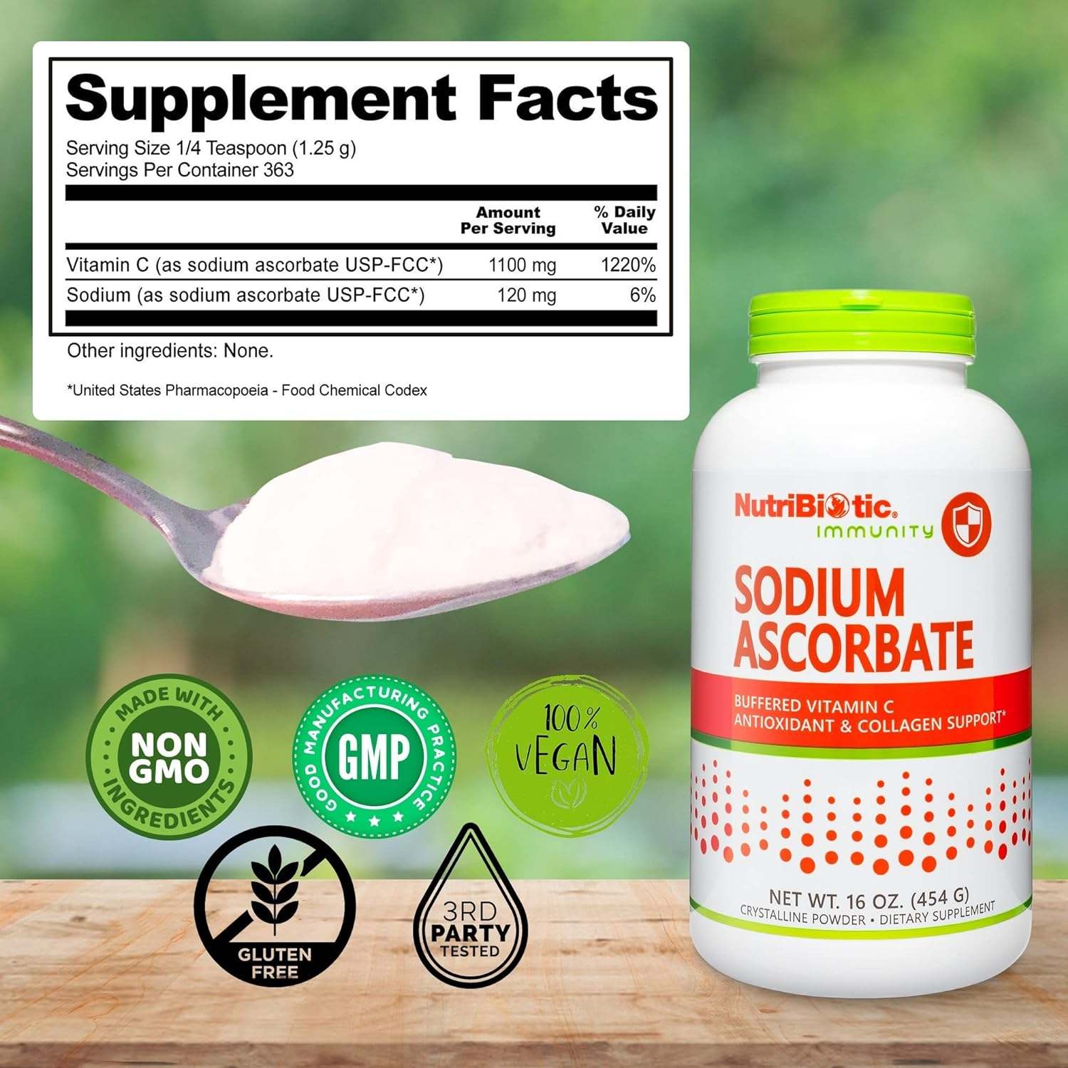 Ascorbate de sodium, poudre cristalline, 454g - nutribiotique