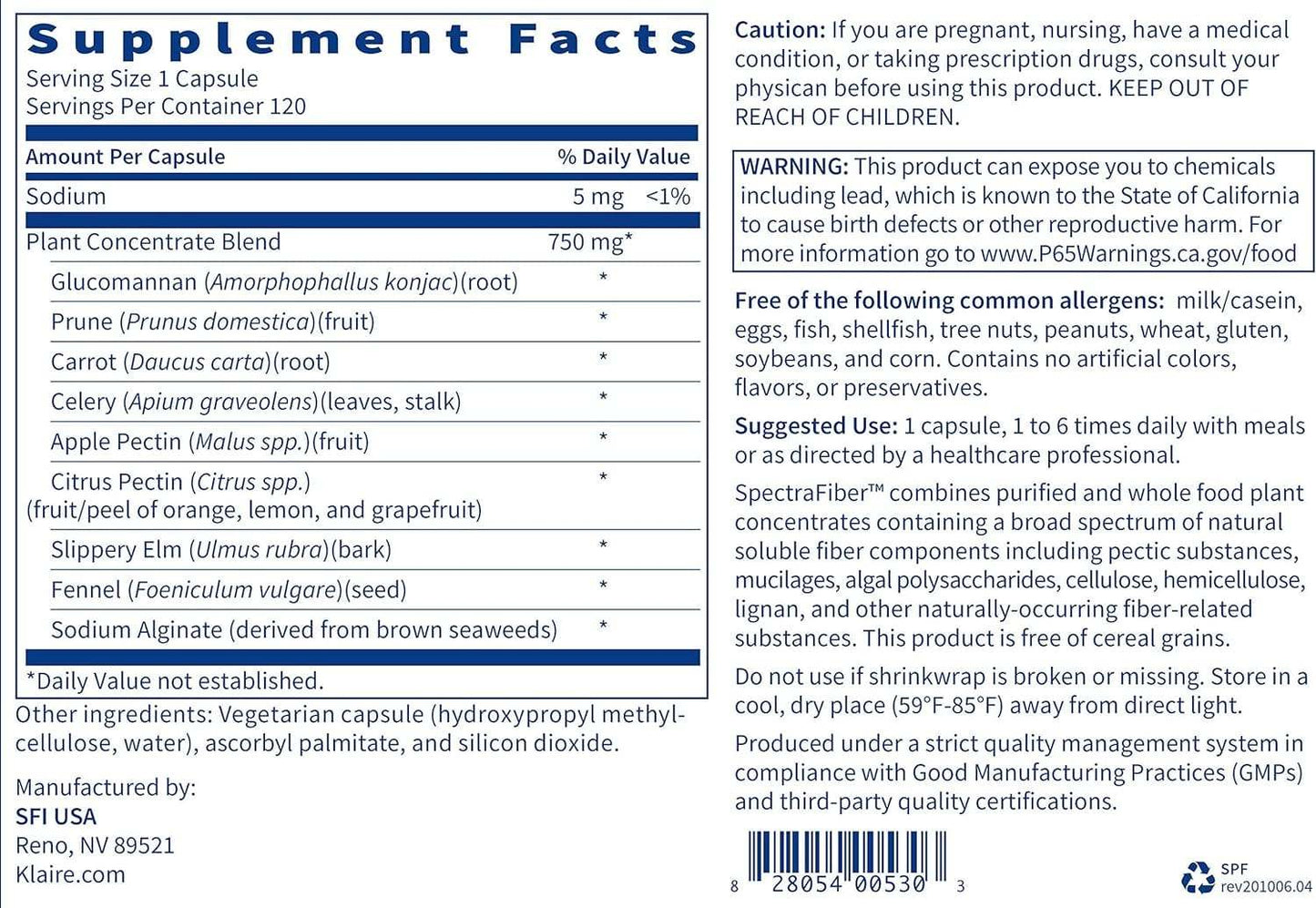 SpectraFiber 120 Capsules - Klaire Labs  (SFI Health)