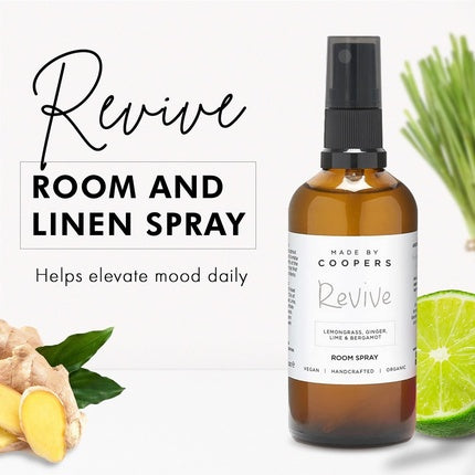 Made by Coopers Revive Calming Room and Bed Spray Lemongrass, Ginger, Lime with High-Quality Essential Oils 100ml Glass Bottle