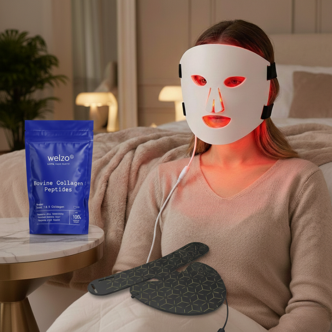 Welzo Skin Radiance Routine Skin LED Red Light Therapy Face Mask, Pure Bovine Collagen Peptides Powder - Welzo Ultra, Red Light Therapy Mask for Neck & Chest