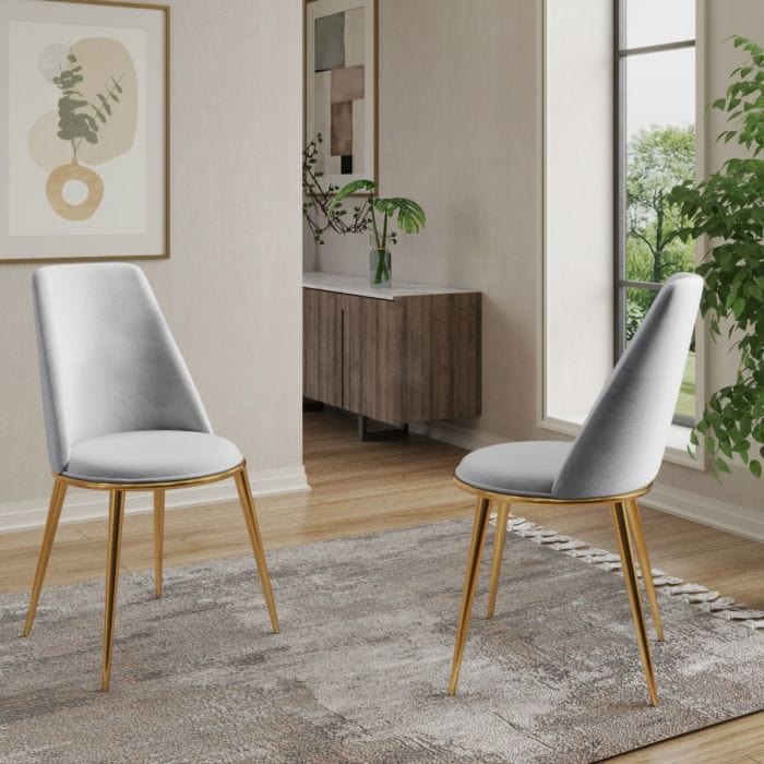 4x sedie da pranzo in velluto di lusso Grey Grey con gambe dorate