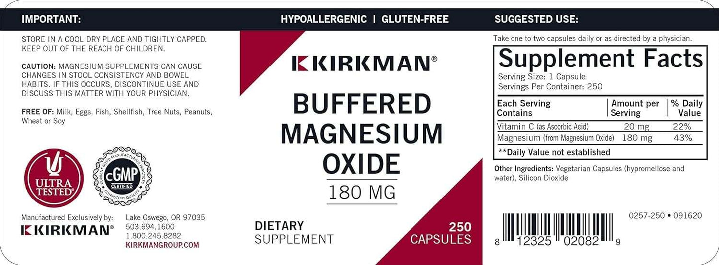 Oxyde de magnésium tamponné 180 mg, 250 capsules - Kirkman Labs (hypoallergénique)