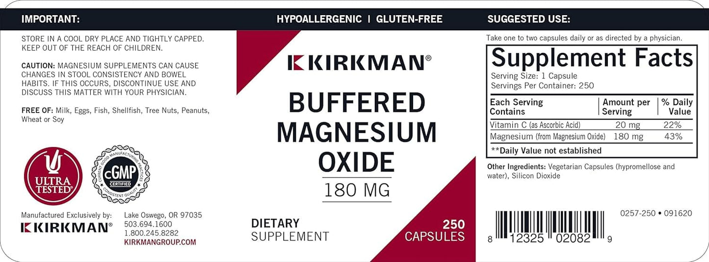 Buffered Magnesium Oxide 180 mg, 250 capsules - Kirkman Labs (Hypoallergenic)