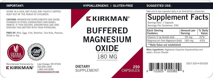 Gepufferter Magnesiumoxid 180 mg, 250 Kapseln - Kirkman Labs (hypoallergene)