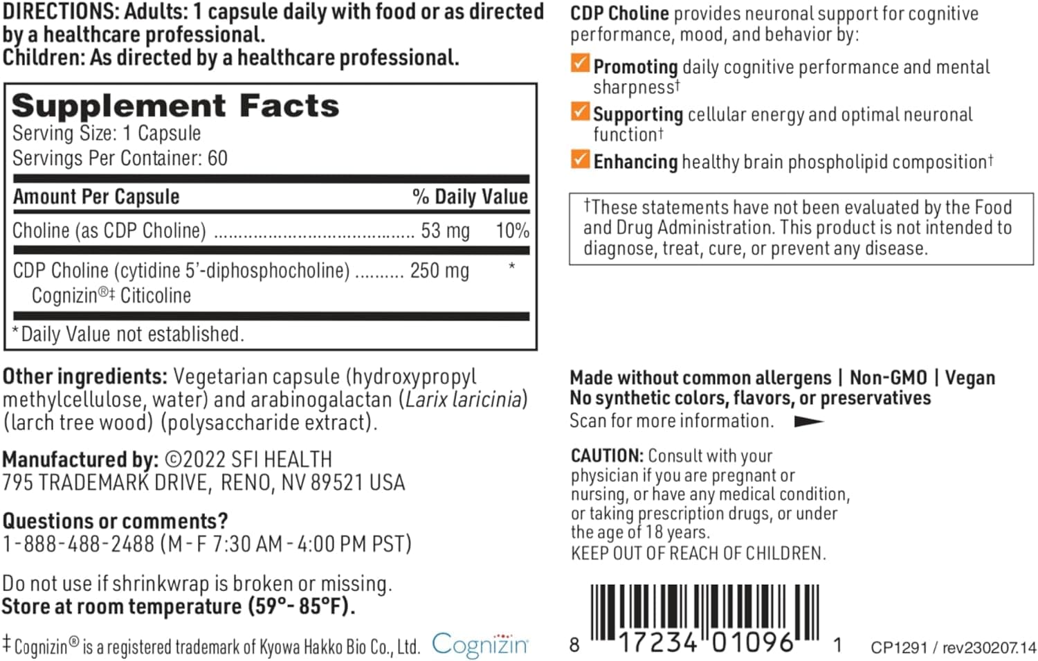 CDP -choline 250 mg, 60 capsules, Klaire Labs (SFI Health)