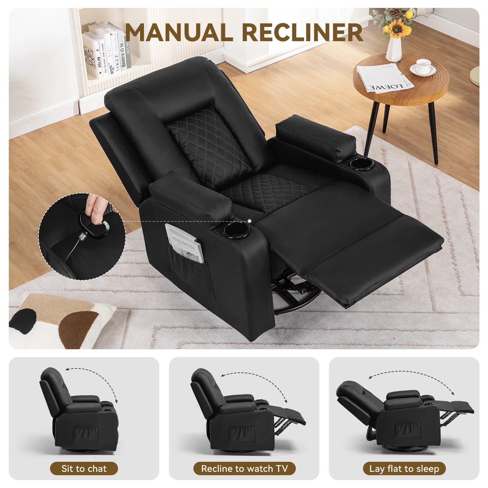 Oversized recliner massage fauteuil - Swivel Lounge stoel met massage, warmte en uitgebreide voetsteun