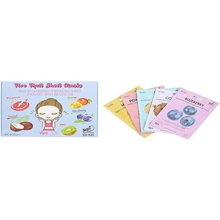 Skin Treats Sheet Mask Box Face Mask 1 x Each Pomegranate Coconut Blueberry Mango Kiwi - Pack of 5