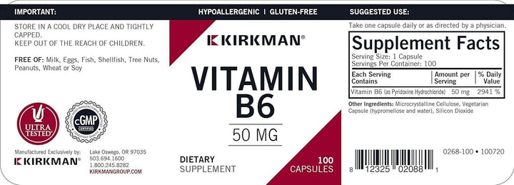 Witamina B6 50 mg, hipoalergiczne, 100 kapsułek - Kirkman Laboratories