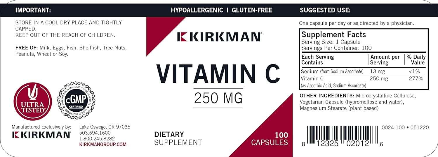 Vitamina C 250 mg, hipoalergénico, 100 cápsulas - Kirkman Laboratories