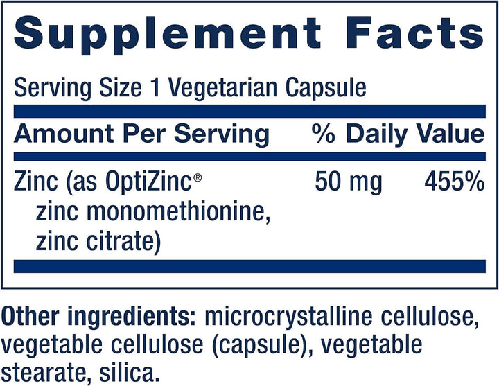 Caps de zinco, alta potência, 50mg, 90 cápsulas - extensão da vida