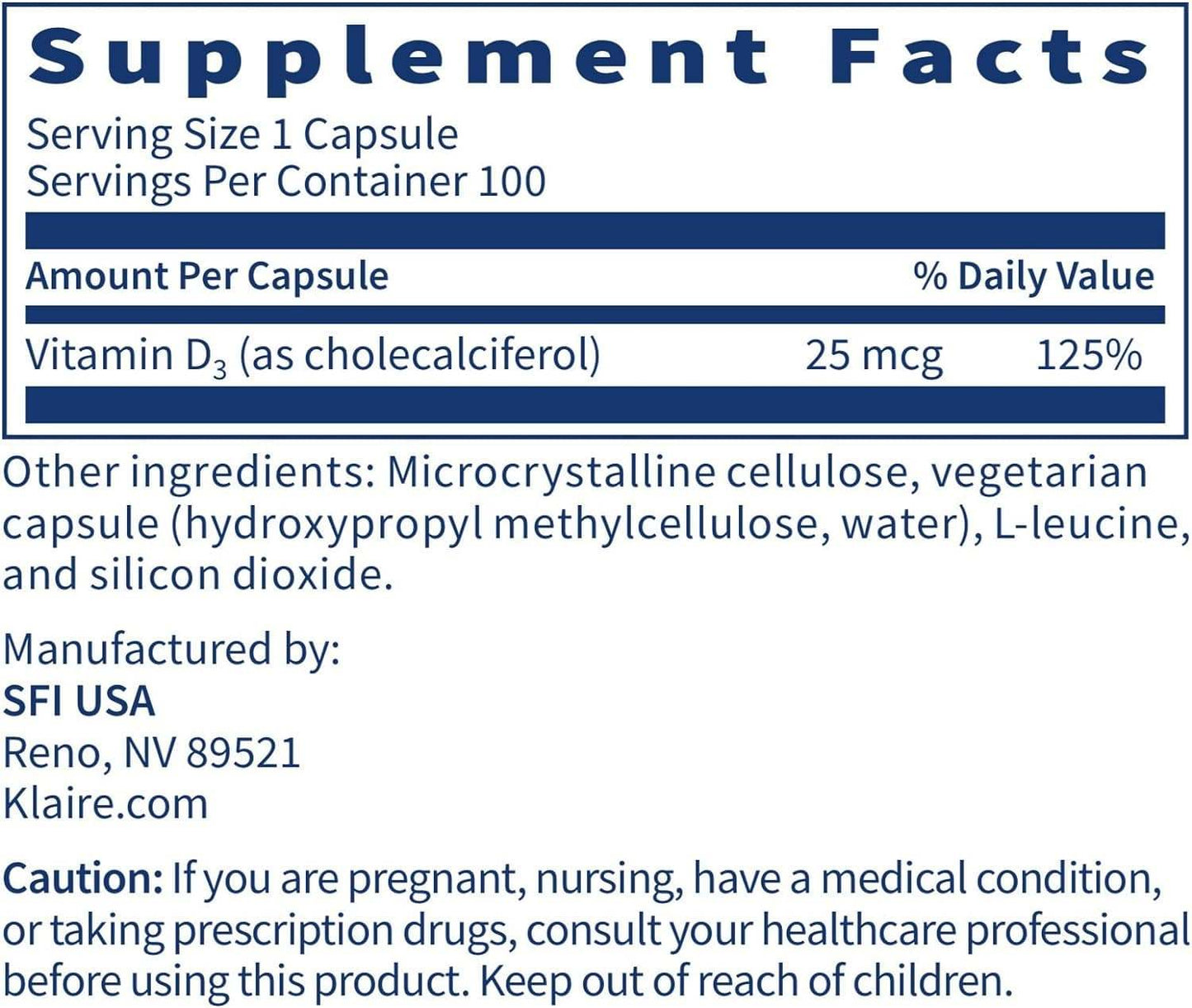 D3 -vitamiin 1000iu, 100 kapslit - Klaire Labs (SFI Health)