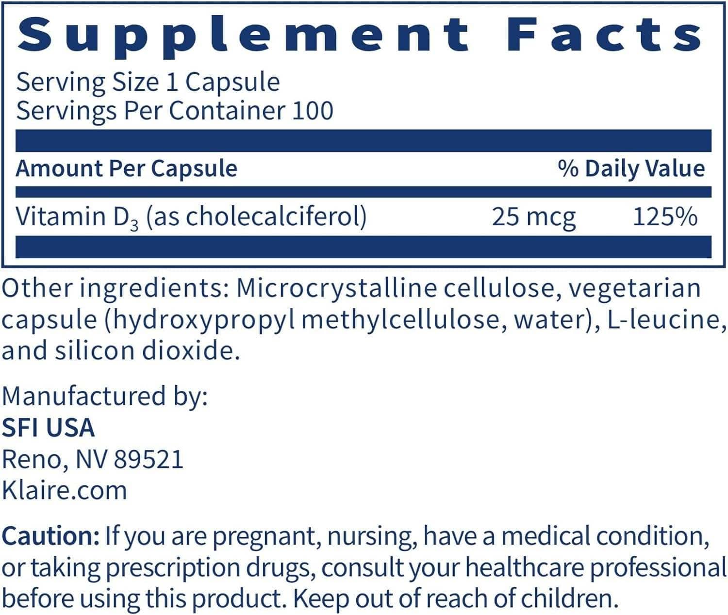 Βιταμίνη D3 1000IU, 100 κάψουλες - Klaire Labs (SFI Health)